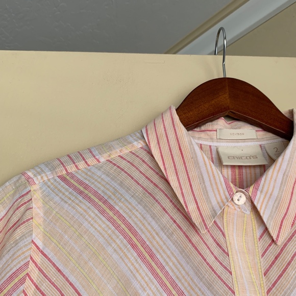 Chico's 100% Line Striped Button Down Shirt 2 or M-L Tunic Coastal Travel Top - Picture 2 of 16